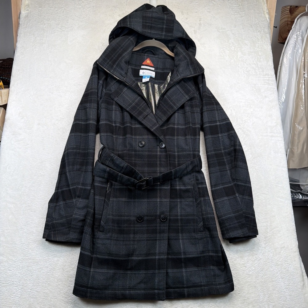 Columbia Women's Omni-Heat Plaid Hooded Belted Trench Coat Black Gray Medium